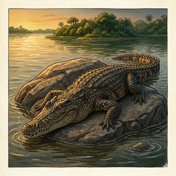 Иллюстрация крокодила затаившегося на камне для демонстрации коварства и скрытой угрозы