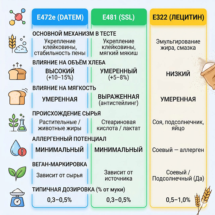Инфографика свойств эмульгаторов Е472e, Е481 и Е322