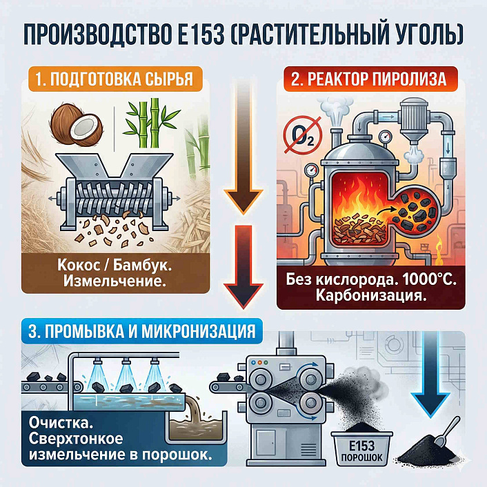 Инфографика этапов производства красителя Е153: измельчение кокоса, пиролиз без кислорода и микронизация угля