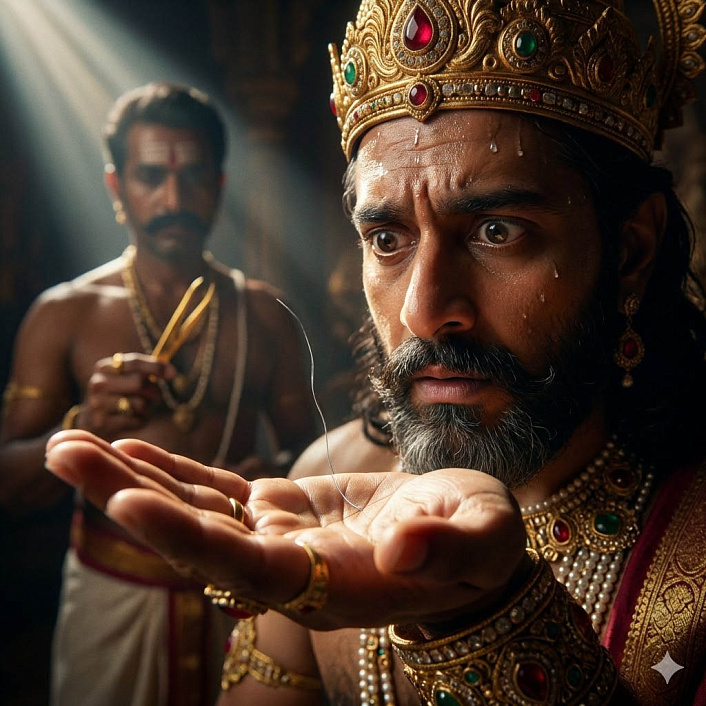 Кинематографичный портрет царя Махадевы, с ужасом смотрящего на первый седой волос на своей ладони в тронном зале