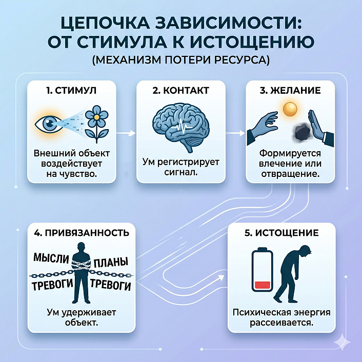 хема инфографики, где медитирующая фигура разрывает цепи привязанности в ведической схеме, предотвращая потерю ресурса и истощение.