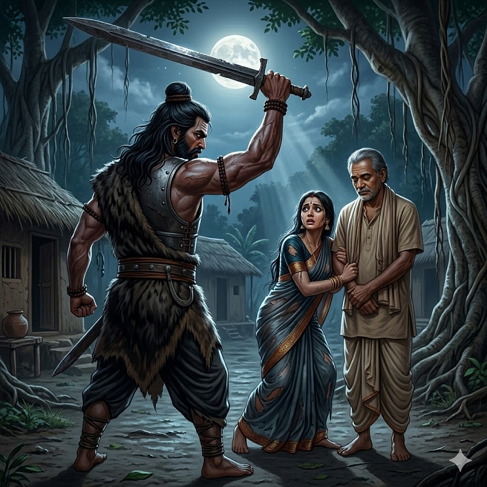 Арт вожака разбойников с занесенным мечом над предательницей в лесу, символ кармического правосудия.