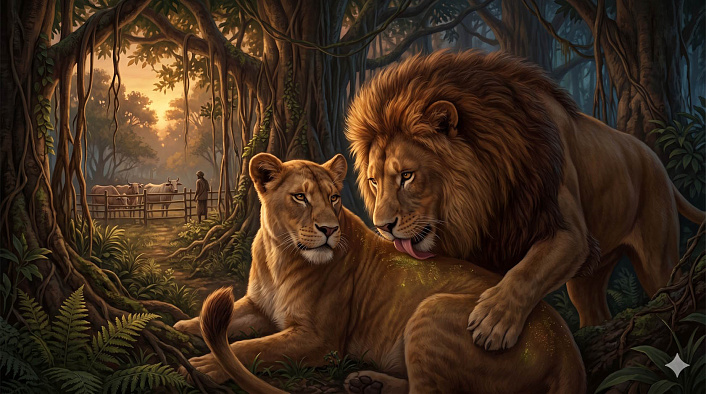 Лев облизывает отравленную львицу 
