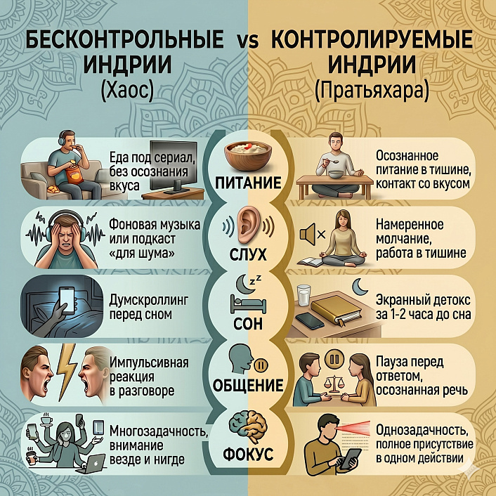Схема сопоставления хаотичных и осознанных (пратьяхара) индрий по пунктам: Питание, Слух, Сон, Общение, Фокус.