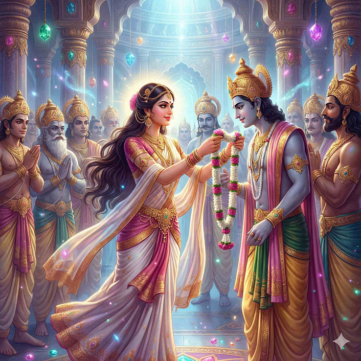 Фэнтези арт девы-асура выбирающей мужа символизирующий кармическую связь душ