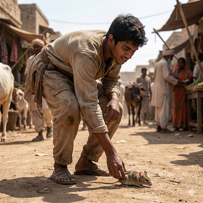 Арт юноши поднимающего мышь символизирующий начало богатства с нуля