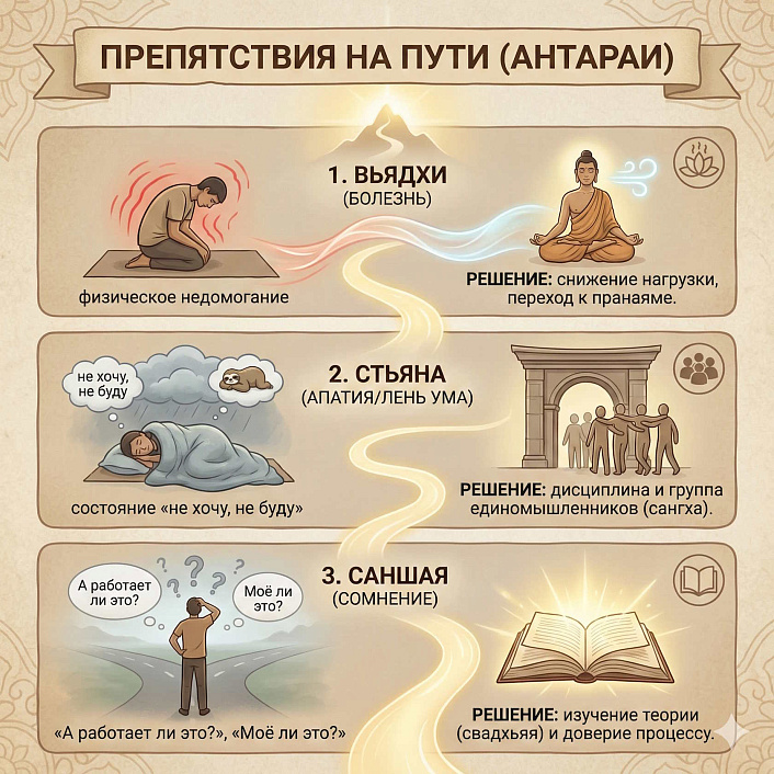 Инфографика Антараи с методами преодоления болезни, апатии и сомнений в йоге через пранаяму, сангху и изучение теории