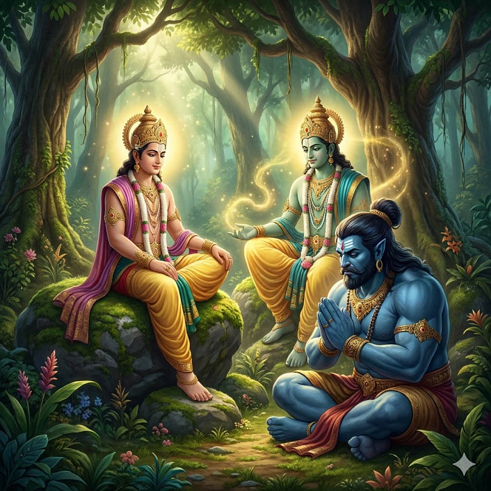 Изображение бодхисаттвы наставляющего смиренного демона в лесу