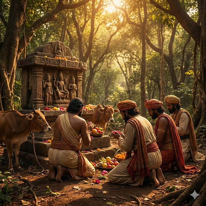 Цифровой арт купцов, приносящих дары лесным духам, в контексте истории о языческих жертвоприношениях