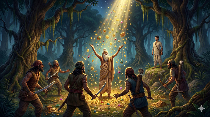 Старый брахман вызывает магический дождь из сокровищ в окружении алчных разбойников