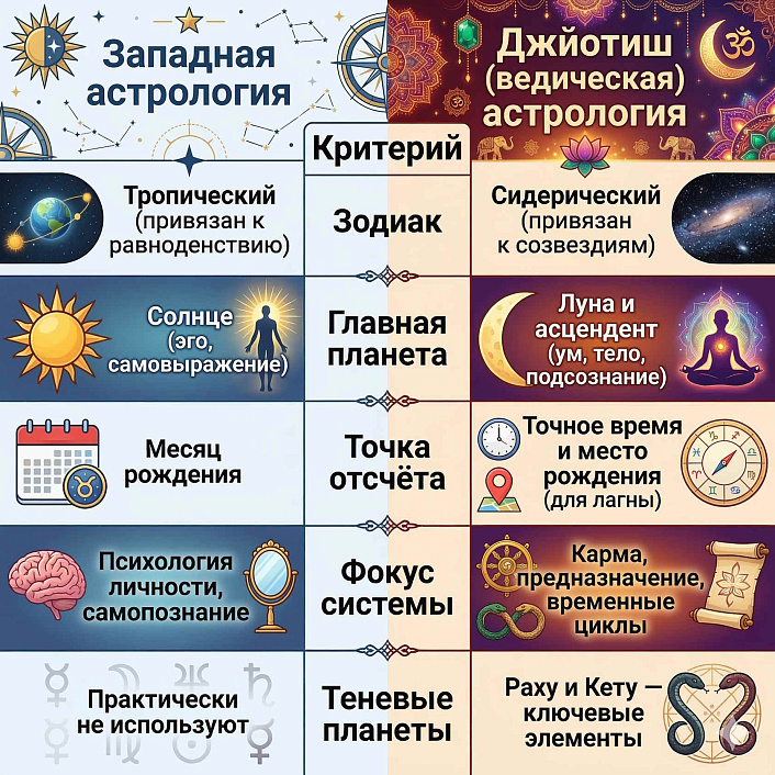 Инфографика отличий западной и ведической астрологии с разбором зодиаков и планет для выбора подходящей системы.