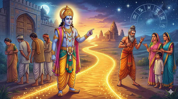 Цифровой арт мудреца, указывающего светящийся путь, как символ победы целеустремленности над суевериями и астрологией