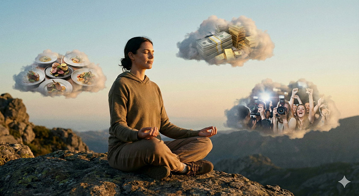 Девушка медитирует, не реагируя на мысли о деньгах и славе