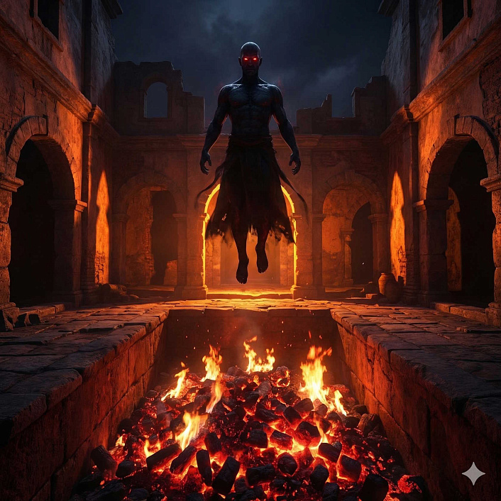 Цифровой арт бога Мары создающего огромную огненную яму с пылающими углями во дворе