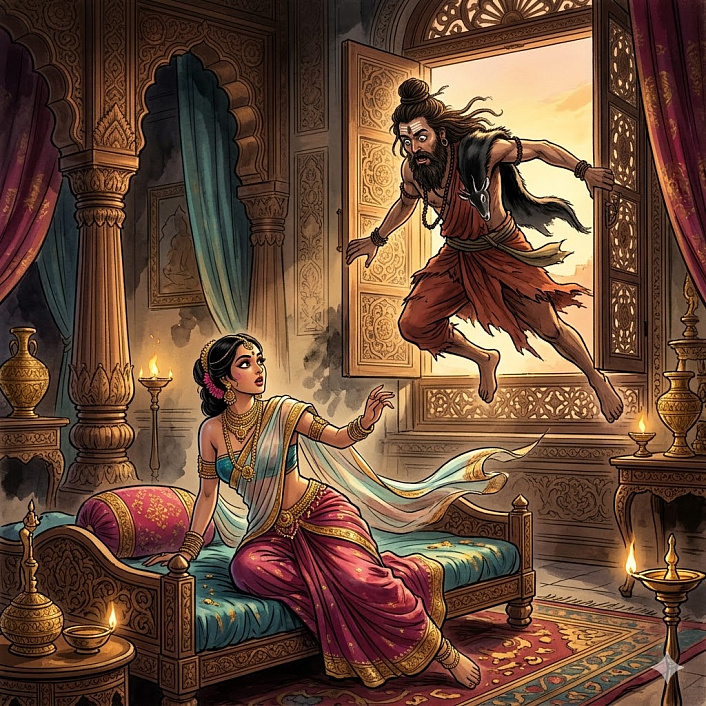 Арт момента искушения отшельника красотой царицы Мудулаккханы во дворце