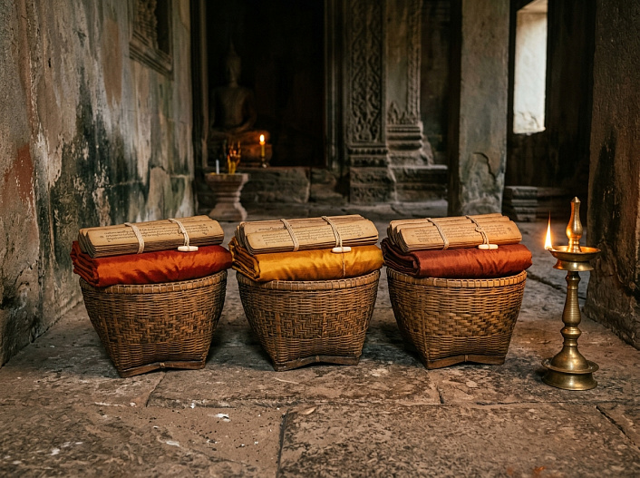 Историческая реконструкция трех плетеных корзин с пальмовыми свитками буддийского канона