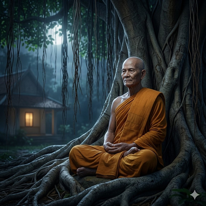3D рендер старшего монаха Шарипутты, сидящего под огромным баньяном ночью, символизирующий пренебрежение правилами