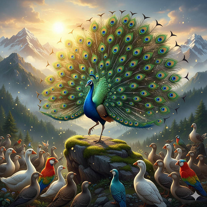 Яркая иллюстрация гордого павлина, хвастливо танцующего перед огромным собранием птиц в горах Гималаев.