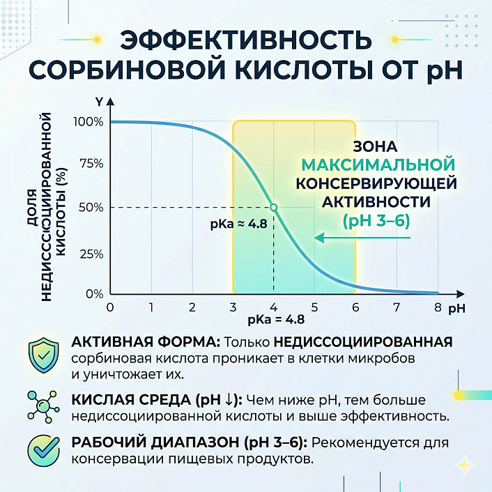 Инфографика кривой диссоциации сорбиновой кислоты показывает пик консервирующей активности при pH 3-6 для защиты продуктов.