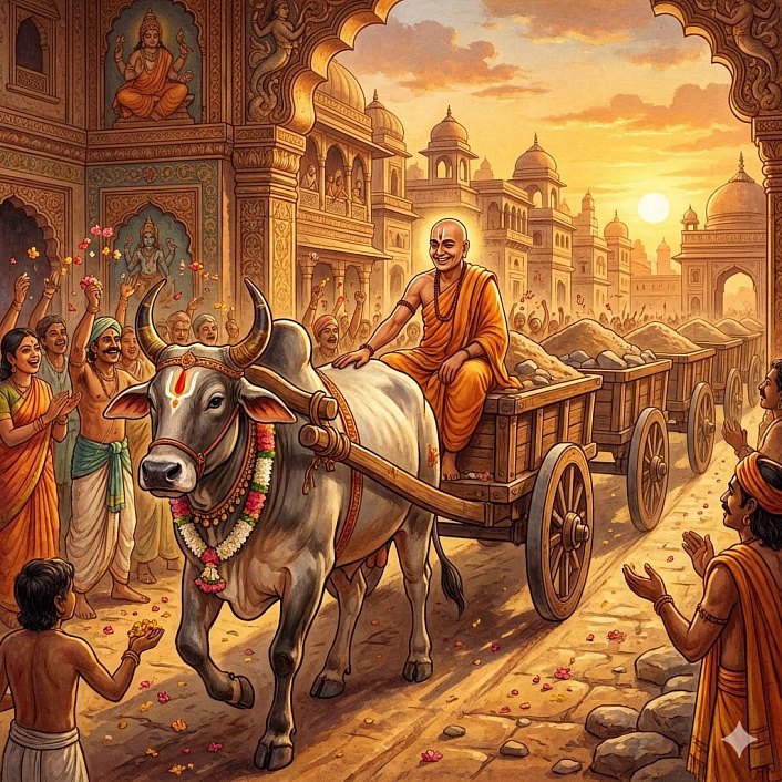 Арт могучего быка легко тянущего сотню повозок благодаря ласковым словам мудрого брахмана