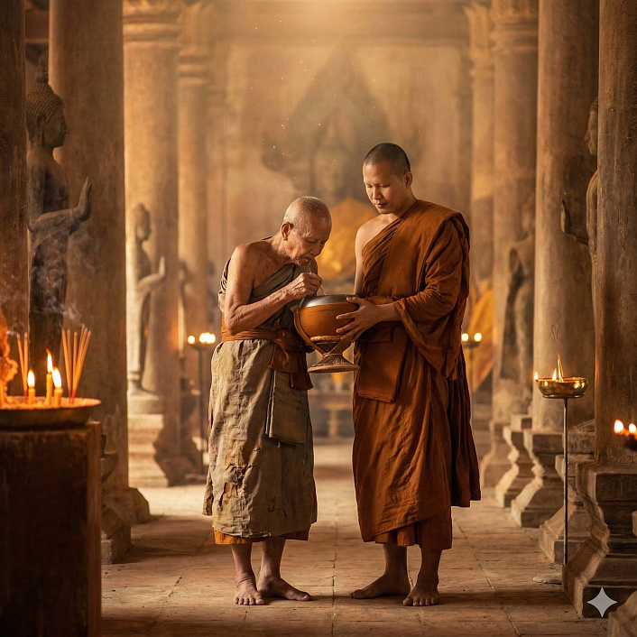 Арт монаха, который ест из чаши в руках своего учителя (последняя трапеза архата и карма)