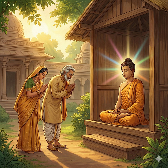 Будда Шакьямуни в роще Джеты принимает посетителей, буддийское учение о щедрости