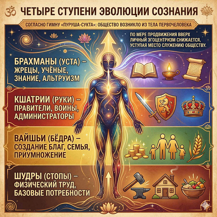 Инфографика 4 ступеней эволюции сознания, разделенных на варны от шудр до брахманов по ведийскому гимну Пуруша-сукта.