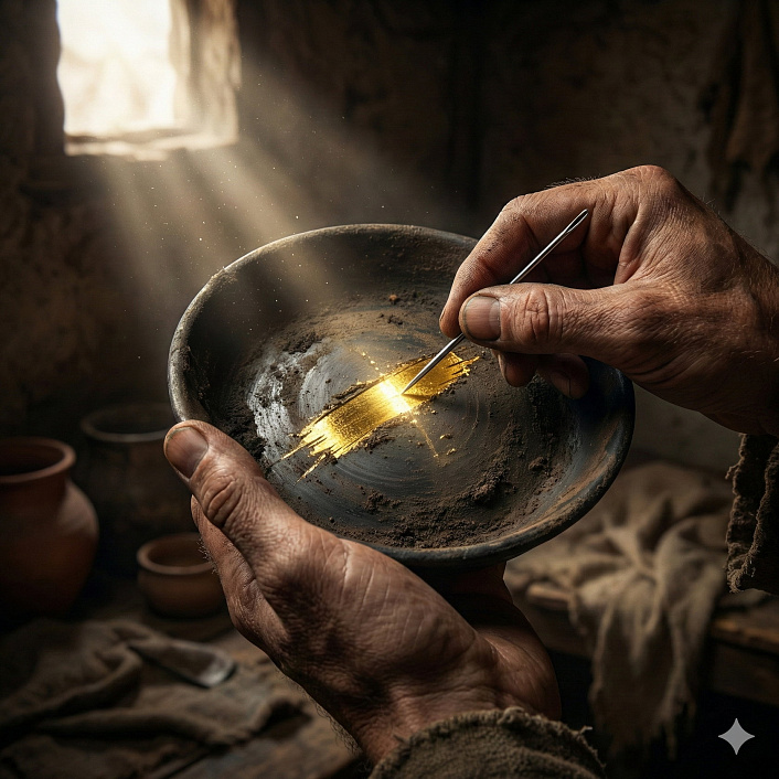 Иллюстрация царапины на старой миске открывающей чистое золото как символ скрытой добродетели