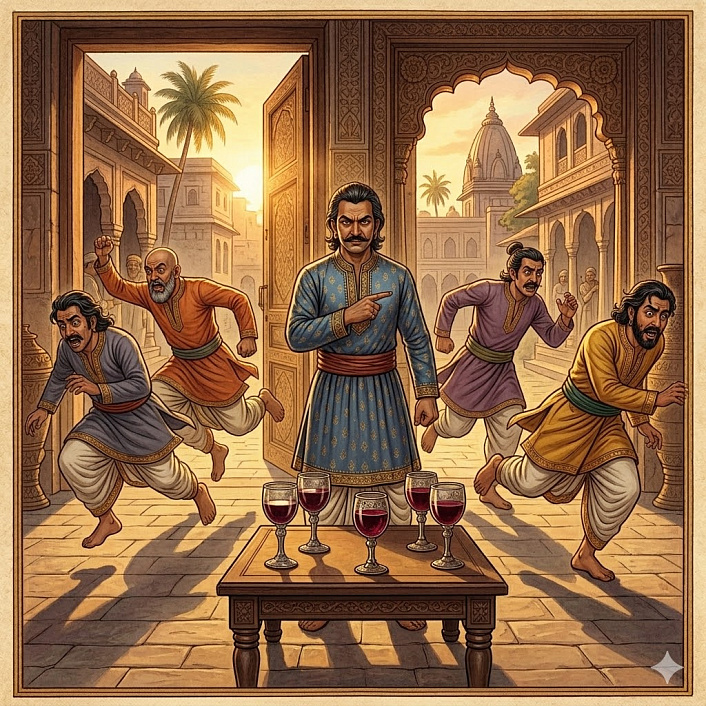 Мудрый торговец прогоняет испуганных обманщиков. Разоблачение пьяниц в истории Анатхапиндики.