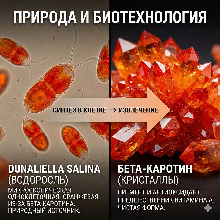 Инфографика: клетки водоросли Dunaliella salina и процесс извлечения кристаллов бета-каротина для биотехнологии