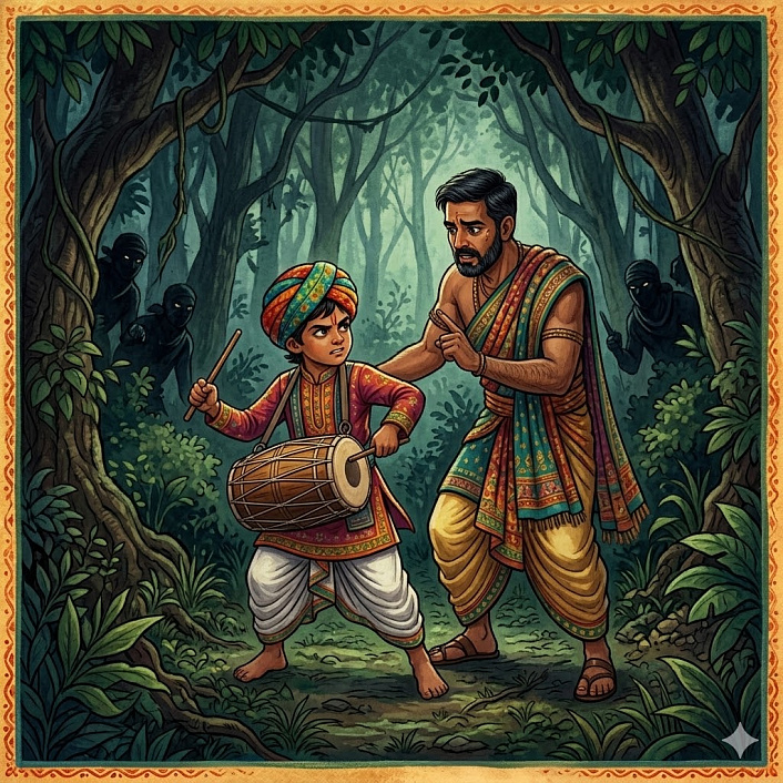 Иллюстрация. Сын безостановочно колотит в барабан. Ошибка упрямого барабанщика в темном лесу.