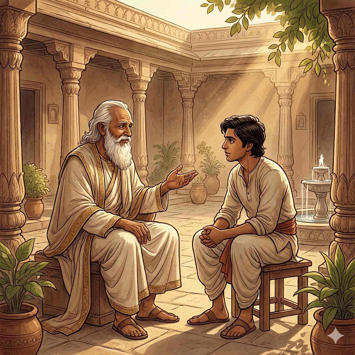 Иллюстрация мудрого купца произносящего гатху джатака о вреде невежества