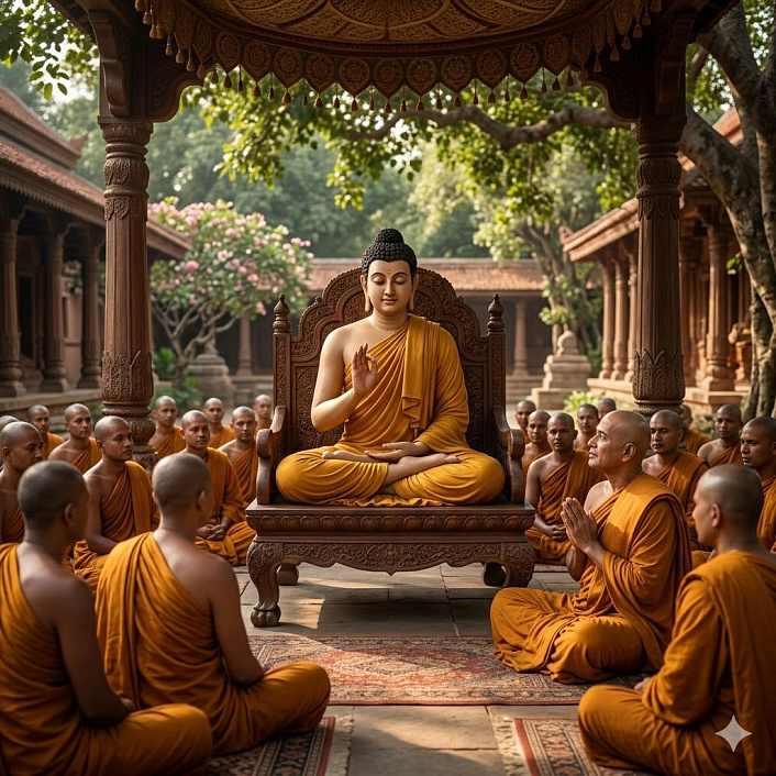 Фото двух монахов в шафрановых одеждах, беседующих в древнем монастыре. Притча Будды.