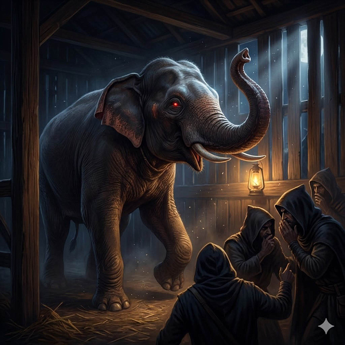 Иллюстрация слона в темном стойле слушающего шепот разбойников и перенимающего их жестокость