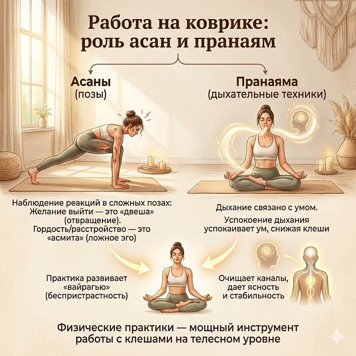 Инфографика: как асаны и пранаяма помогают преодолевать клеши
