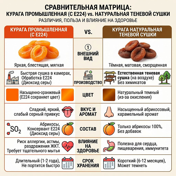Инфографика сравнения промышленной и натуральной кураги по составу и влиянию на здоровье для выбора полезных продуктов.
