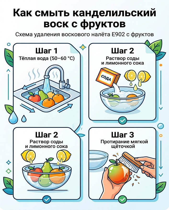 Иллюстрация схемы пошагового смывания канделильского воска Е902 с фруктов содой и лимоном