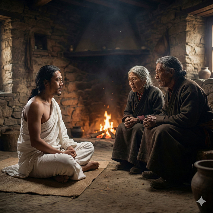 Концепт-арт Миларепы беседующего с пожилой тибетской парой в деревенском доме о старости