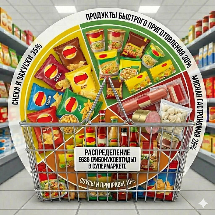 Инфографика в виде корзины показывает доли Е635 в супермаркете. Лидируют снеки (35%) и продукты быстрого приготовления (30%).