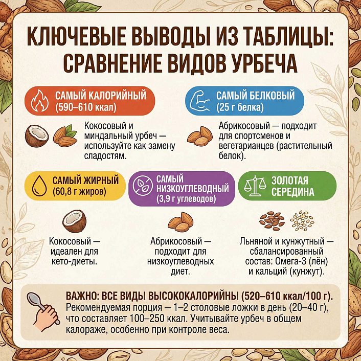 Инфографика сравнения КБЖУ урбечей: кокосовый для кето, абрикосовый для спорта, лен и кунжут для баланса рациона