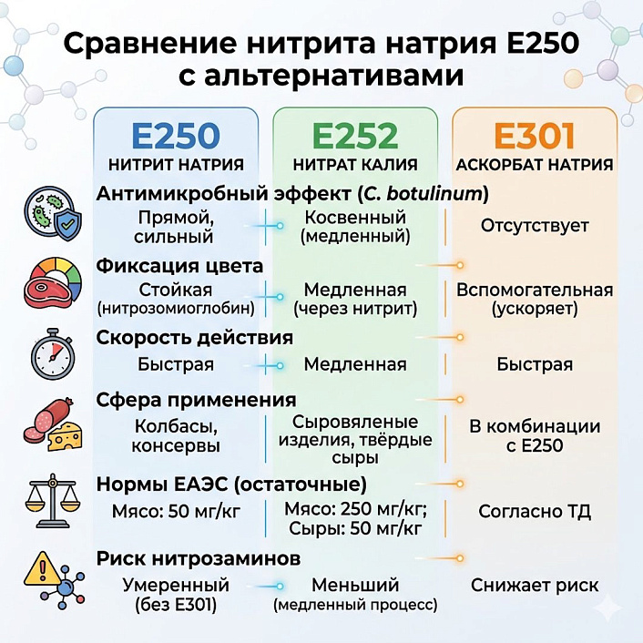 Инфографика сравнения свойств E250, E252 и E301.