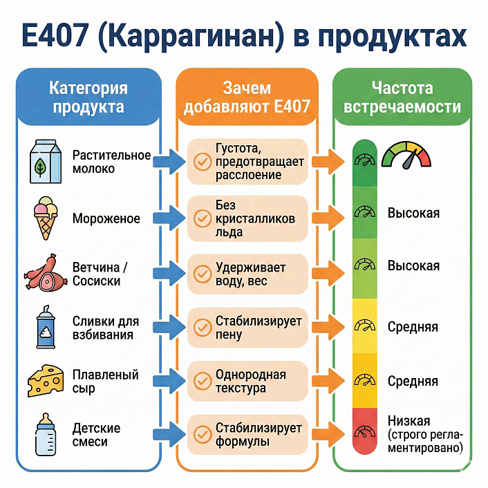 Таблица вероятности содержания добавки Е407 каррагинан в растительном молоке, мороженом, мясных изделиях и детском питании