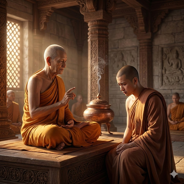 3D-арт мудрого учителя, наставляющего страдающего монаха, иллюстрирующий беседу о преодолении страсти