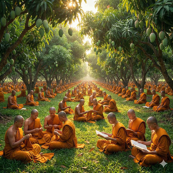 Арт множества монахов в саду иллюстрирующий сверхъестественные способности