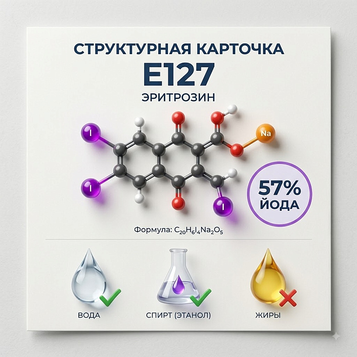 Структурная карточка красителя E127 (Эритрозин), демонстрирующая молекулярную модель и свойства растворимости.
