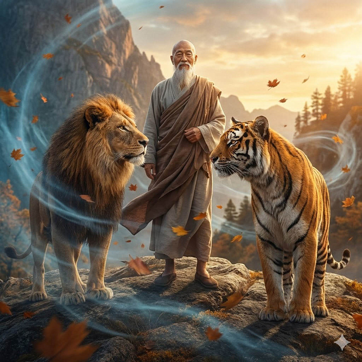 Фото отшельника, примиряющего льва и тигра на горной вершине под порывами холодного ветра
