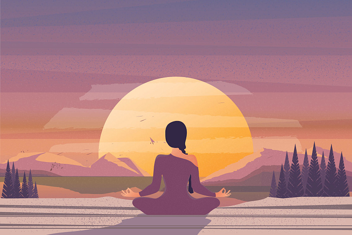 девушка медитирует на рассвете