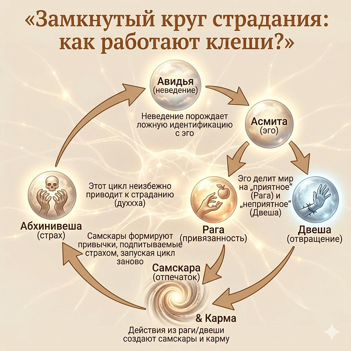 Схема работы клеш: цикл страдания, кармы и самскар