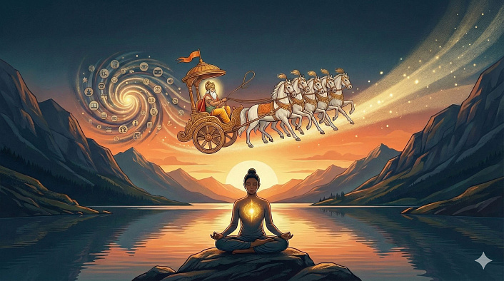 Пейзаж горного озера с зеркальной гладью воды, отражающей свет, как метафора чистого сознания и спокойной читты