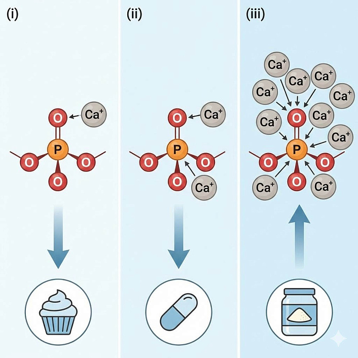 Инфографика сравнения насыщения фосфата ионами кальция в продуктах: кекс (мало), таблетка (средне), молоко (много Ca+).